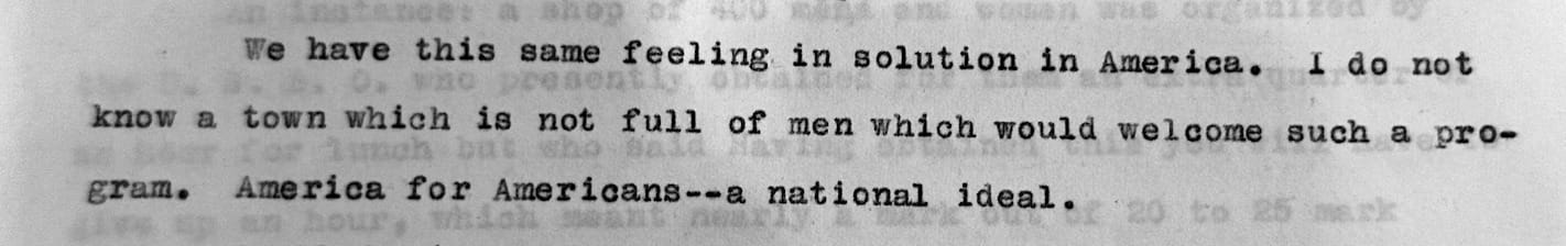 Typewritten page, reading in part: "America for Americans—a national ideal."