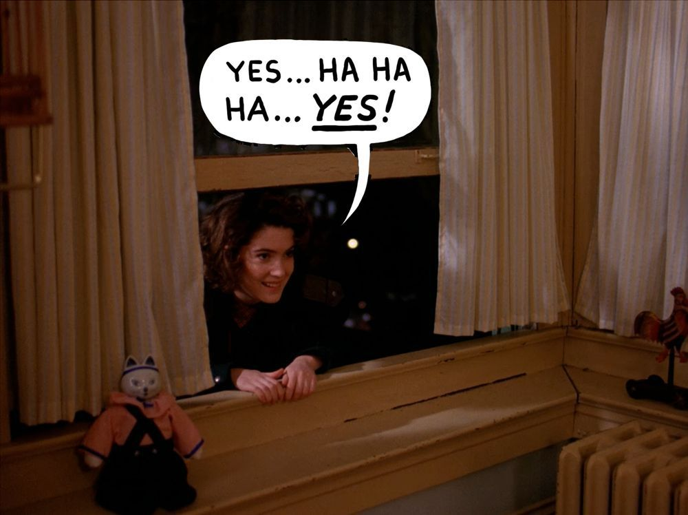 Shot of Donna Hayward as the Sickos guy, climbing out her own window ("Yes... HA HA HA... YES!")