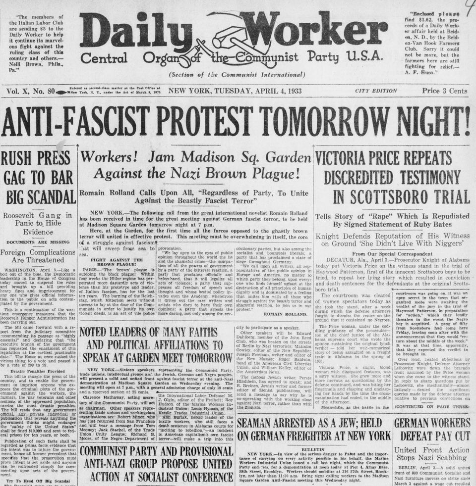 screenshot of digitized Daily Worker front page, April 4, 1933 (linked below)