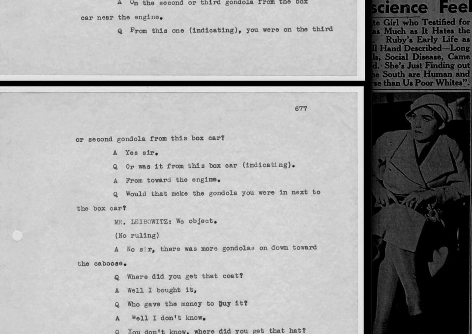 A typewritten court transcript overlaying a newspaper clipping with a photo of a woman gazing off at the document