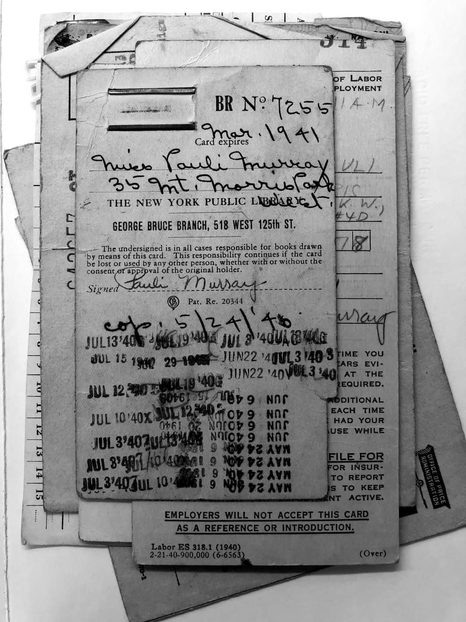 Pauli Murray's 1941 library card, New York Public Library, 125th St Branch