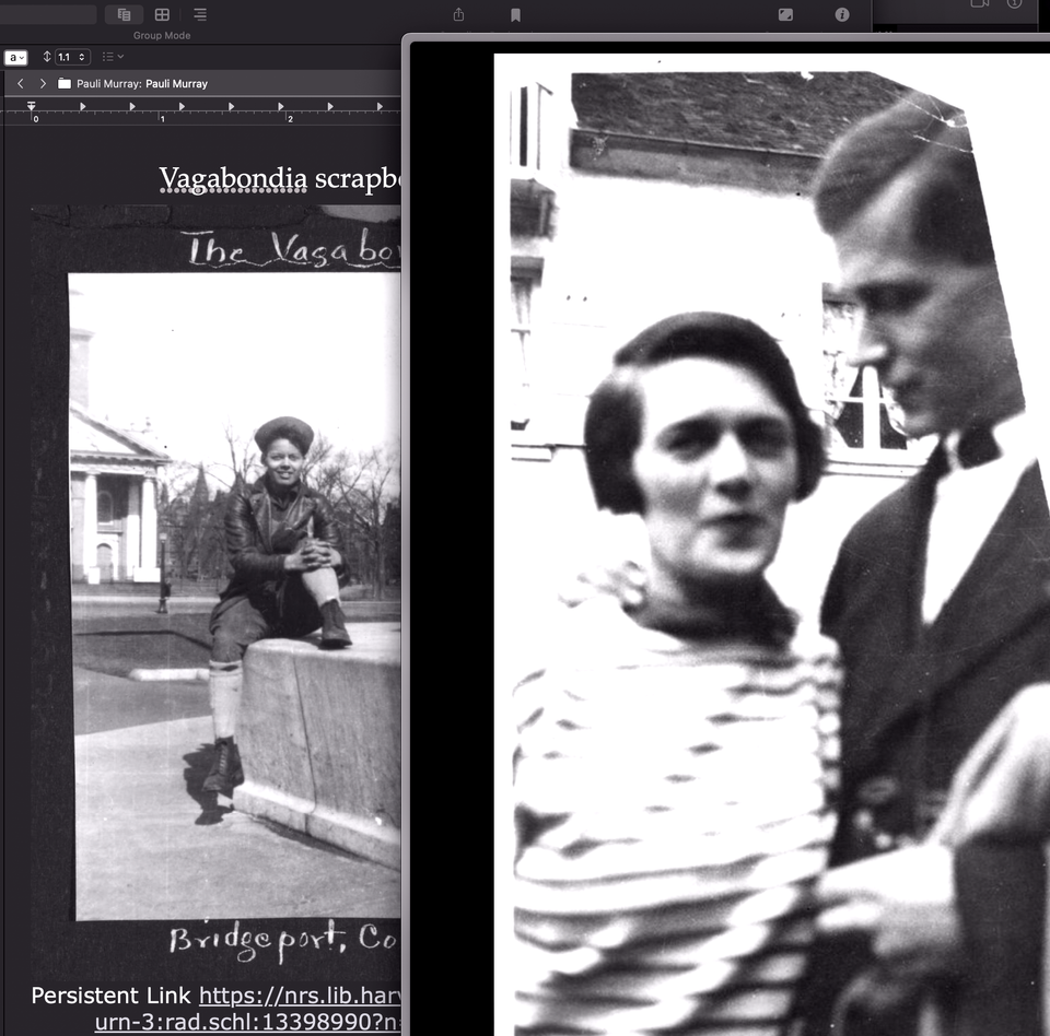 Screenshot of my desktop: a Scrivener window (photo of Pauli Murray), a web browser (photo of Caresse Crosby)