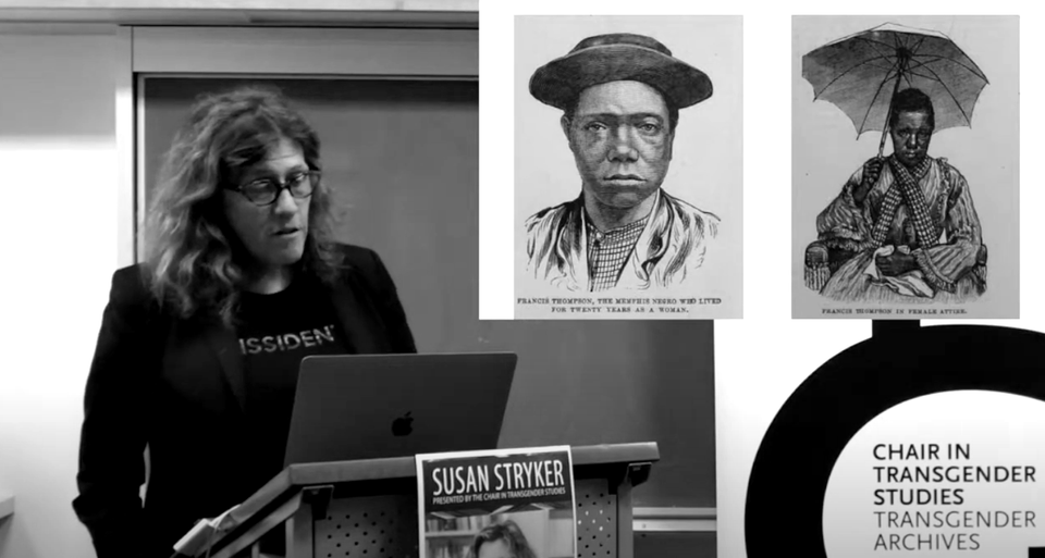 Still frame from a talk by Susan Stryker, framed with portraits of Frances Thompson